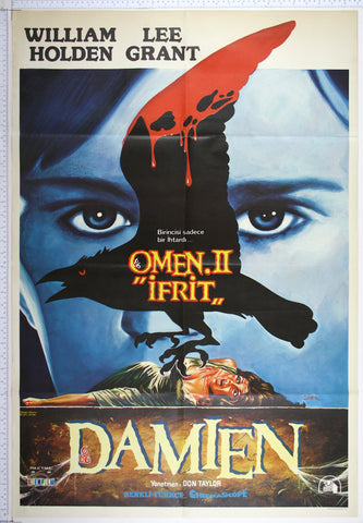 Over Damien's eyes, black raven spreads blood-dripping wings, its talons hover over terrified woman.