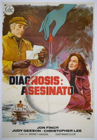 poster with christopher lee at left, girl kneeling right, with hand holding eye dropper centre