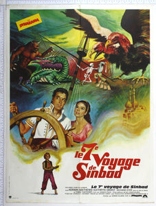 Sinbad and princess at ship's wheel, around them, monster, dragon, roc, and skeleton fight