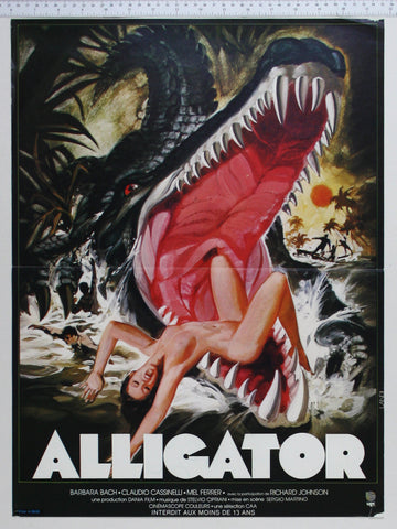 Huge alligator with open mouth, naked girl in its jaws. Both sides, people splash in jungle water trying to escape.