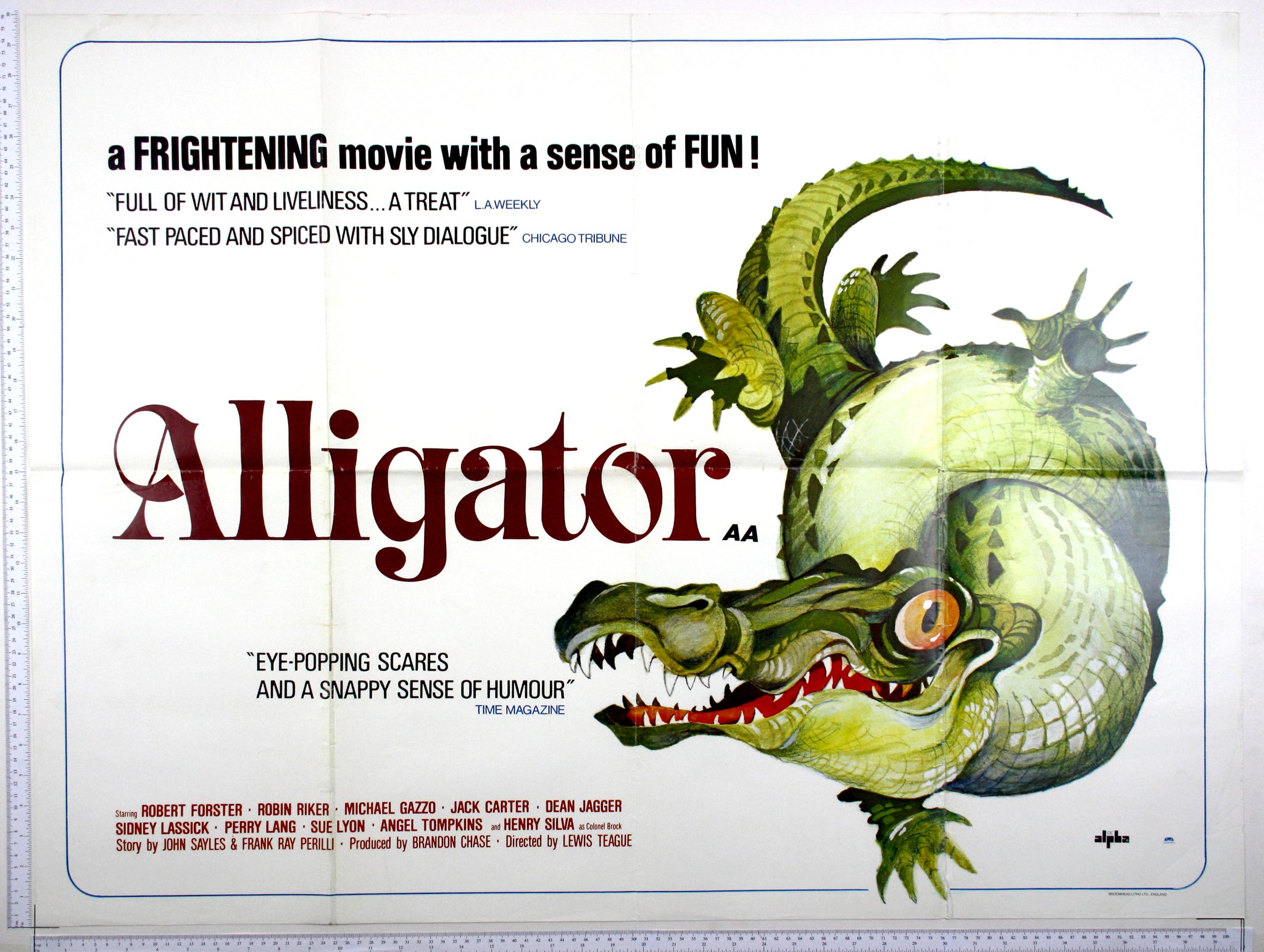 Green alligator on white in comedic cartoon-like style