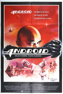 On red, closeup of Android's face behind metal glove, below, action, mad doctor with female android & criminals with lasers.