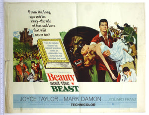 Hero holds girl in his arms, beast looms in background, with scenes from film, discovering a skeleton, battles and swordfights