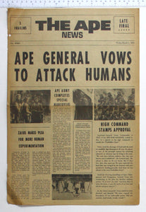 Mock newspaper Herald called The Ape News dated March 1 3955 with various articles about the ape world