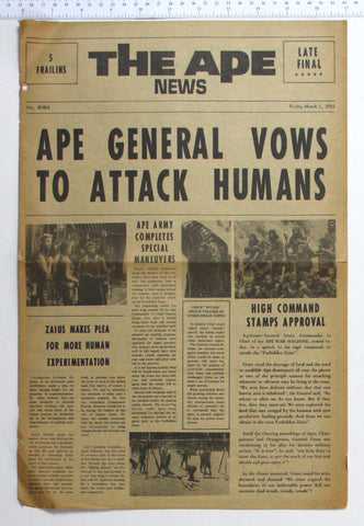 Mock newspaper Herald called The Ape News dated March 1 3955 with various articles about the ape world
