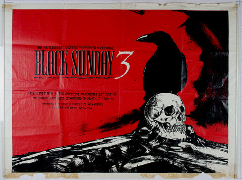 On red, artwork of black raven behind skull on rocks, with jagged black shadows to right.