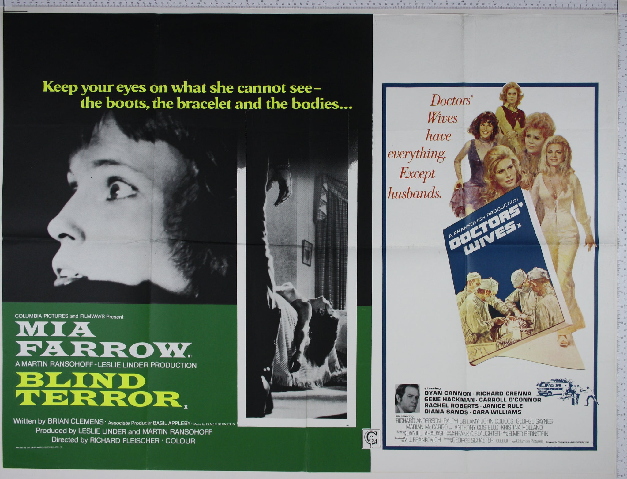 Close up of terrified Mia Farrow at left, with vertical strip right showing dead girl on bed and obscured man standing foreground, a bracelet prominent. Title and credits in green box at bottom. On the right, the book of Doctors' Wives with full length and portrait artwork