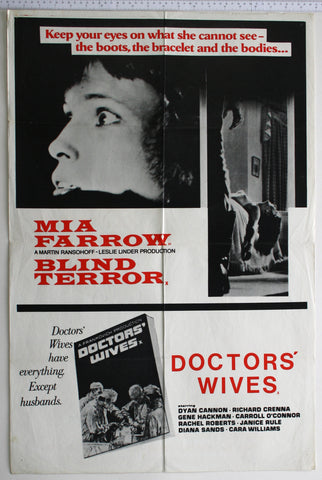 Terrified Mia Farrow and vertical strip with dead girl on bed and killer foreground. Below Doctors' Wives 'book', credits to right