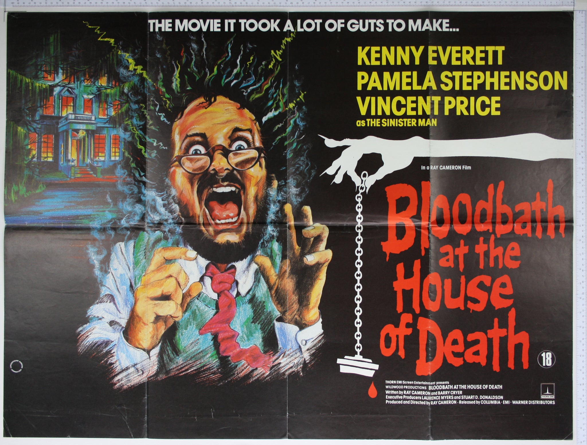 Cartoon artwork with shocked Everett screaming and sinister house at rear. Title in red, and white graphic hand holding bathplug.