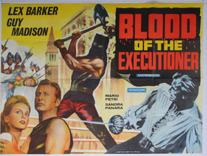 Blood dripping from title, as masked executioner wields axe, Venice in the background, with scenes and lead actors surrounding.