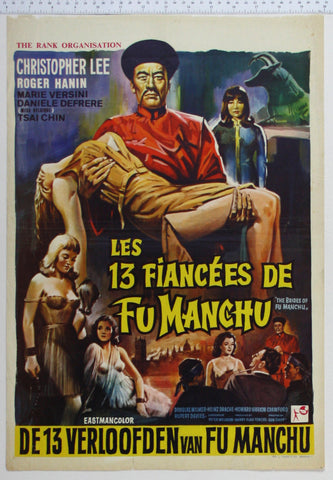 Fu Manchu centre holding fainted woman, with scantily dressed brides at bottom left, bottom right a man is tortured by Manchu's daughter.