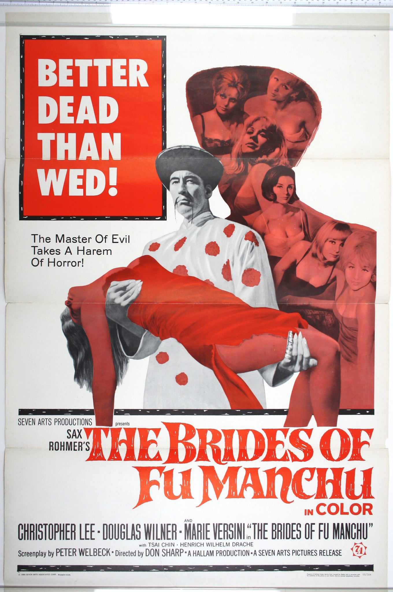 In red and black, centre shot of Lee holding fainted woman, as his cast shadow reveals his scantily-clad brides, with a Better Dead than Wed tagline.