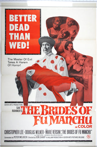 In red and black, centre shot of Lee holding fainted woman, as his cast shadow reveals his scantily-clad brides, with a Better Dead than Wed tagline.