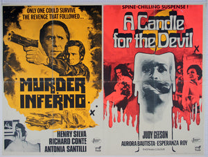 Murder Inferno title in bullet holed typeface on mustard yellow. To right, candle image, revealing a gagged Geeson, with scenes of murder and sex.