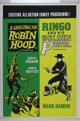 Green, black and yellow artwork - Robin Hood shows a leaping hero descending onto soldiers. Ringo fires his gun with tiny Native American horsemen at base.