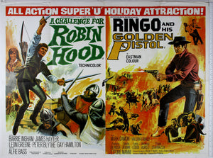 Hood fighting Normans with swords, Maid Marion and burning castle at rear. On right, Django shoots over yellow/red gunfights and horses. 