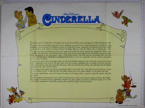 On a yellow scroll, the story of Cinderella, and in the white surround, mice characters, birds and Cinderella and Prince.
