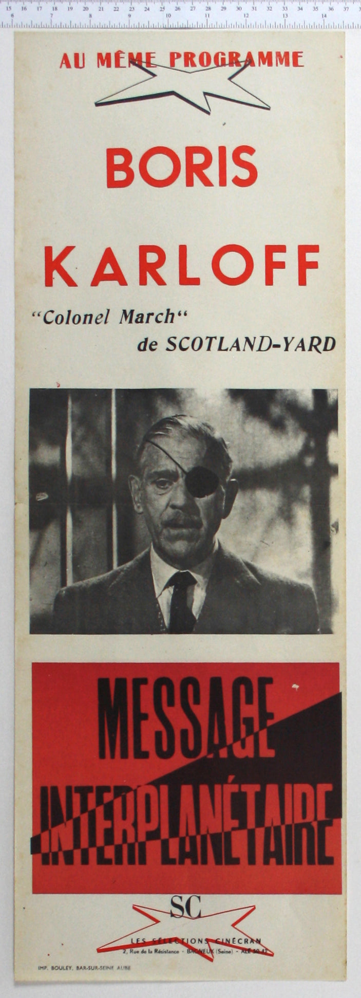 Narrow pKarloff's name prominent in red, Colonel March sub-title below, a black and white photo of the Colonel with eyepatch.