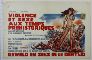 Artwork of sexy fur bikini-clad woman,  cavemen fight, and in background, a group of spear holding clay-masked warriors.