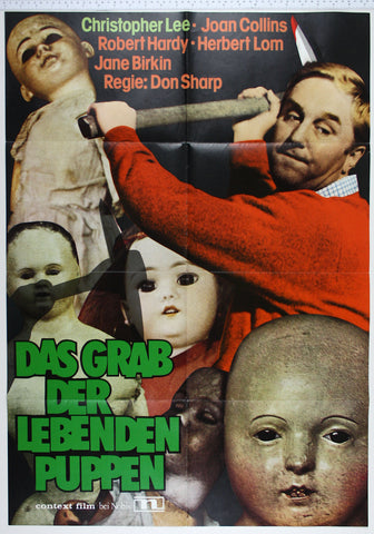 Photomontage of doll's faces and bodies, with Hardy at top right about to swing a pickaxe stained with blood.