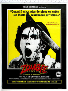 Boxed against yellow, black and white shot of the machete zombie, with the Zombie title in blood-red below.
