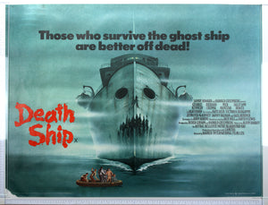 Misty blue artwork of ghost ship with prow like a skull, small lifeboat with survivors foreground.