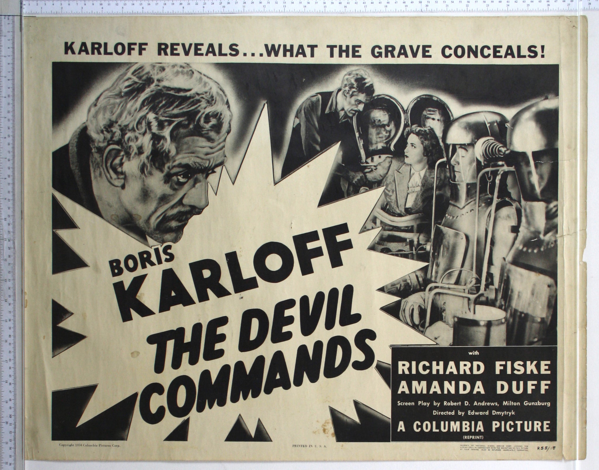 B+W Karloff close up, and about to place girl in special suit to communicate with the dead. Title in star shape at bottom.