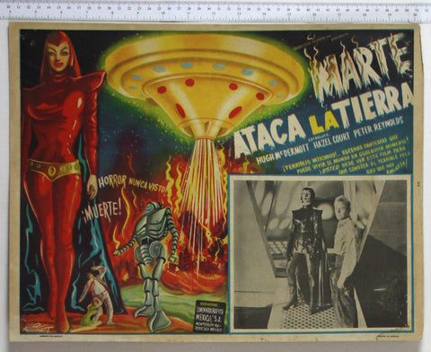 Girl from Mars in red space suit, her giant robot and golden spaceship takes off. B+W photo insert of Laffan.