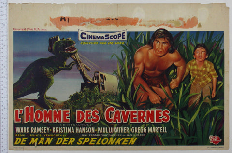 A dinosaur attacks a mechanical crane on the left, as on the right a caveman helps a scared young boy through the jungle.