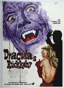 Dracula close up in purples, gore dripping from eyes and mouth. Carlson, half naked, turns away from male shadow with hand raised.
