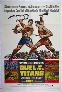 Two heroes fight, with chain and broken sword and club. Behind them massed battle and two lovers. Inset boxes of scenes at bottom.