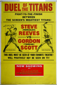 On yellow, mocked up to resemble boxing poster, two Titans fight with chain and broken sword.