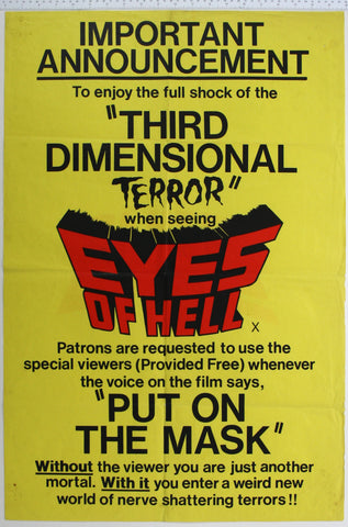 Text based poster, black and red against a yellow background, advising patrons how to use their 3-D glasses. The title is in red and black.
