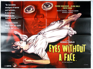 On rich red, a masked face reveals only the eyes behind. Below, same female figure lies stretched out in a white nightgown.