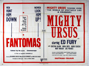 Text poster, with both titles in red on white background, and taglines and credits in black.