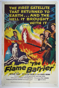 In painted flames, two skeletons in cave, man in flames, a satellite and group of terrified people.