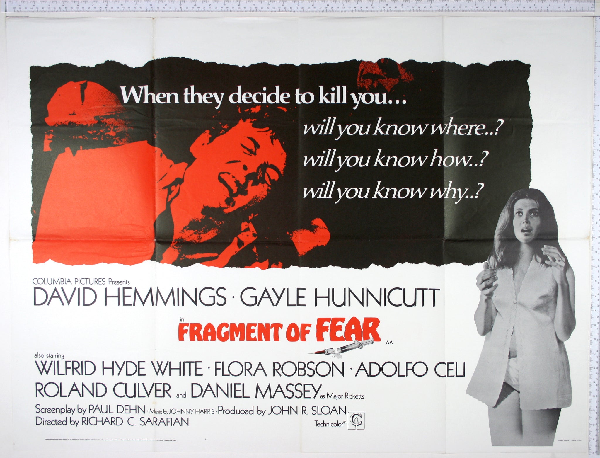 High contrast photo in red, of Hemmings grimacing, a b+w photo of horrified Hunnicutt. Below title is broken syringe.
