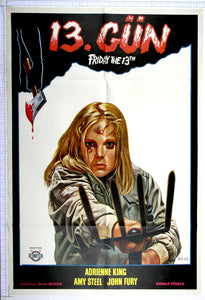 At top, hand and bloody axe motif. Final girl artwork of climax, terrified but resolute, holding garden fork as weapon.