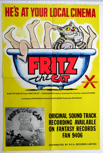 Soundtrack poster on yellow, with album in b+w, and Fritz with assorted naked legs, smiles from bathtub.