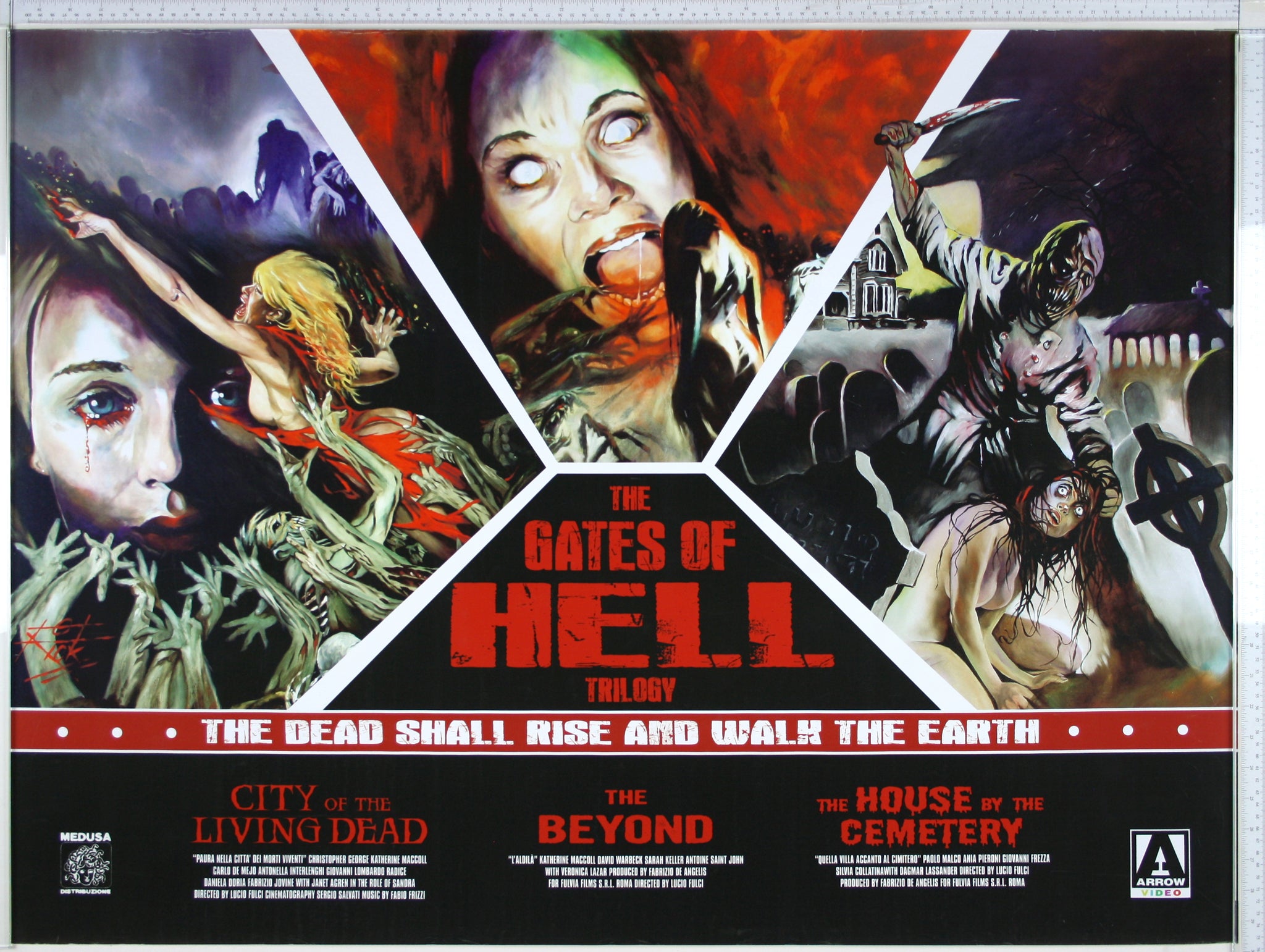 Three Bluray artworks for Fulci's Gates of Hell films, with eye-bleeding women, hands reaching from graves and graveyard monster.