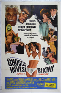 Figure of white bikini girl, bald man sacrificing girl, hideous bikini hag, Karloff, monstrous face, girl embracing skeleton.