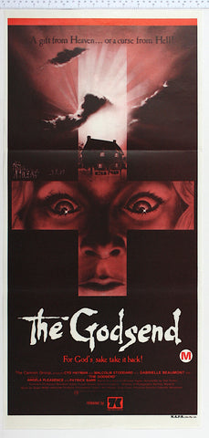 Cross motif contains staring eyes and face of demonic girl. Above, dark house against ominous dark clouds.