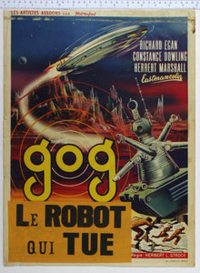 Multi-armed robot, spaceship taking off and fleeing people. Le Robot Qui Tue snipe. Top trimmed.