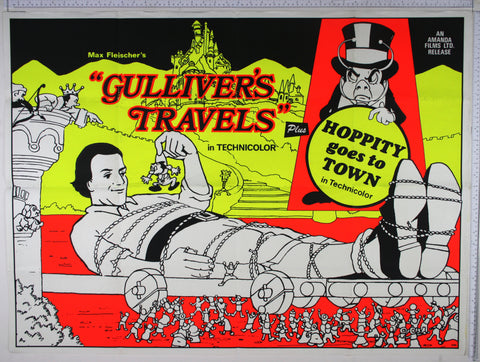 Dayglo line drawings of Gulliver tied up by Lilliputians, with Hoppity artwork.