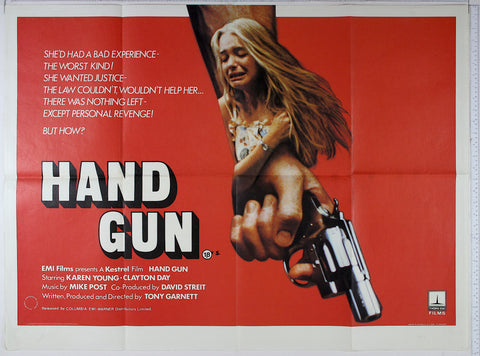 On red, a crying blonde girl is pictured over a man's arm, holding a revolver.