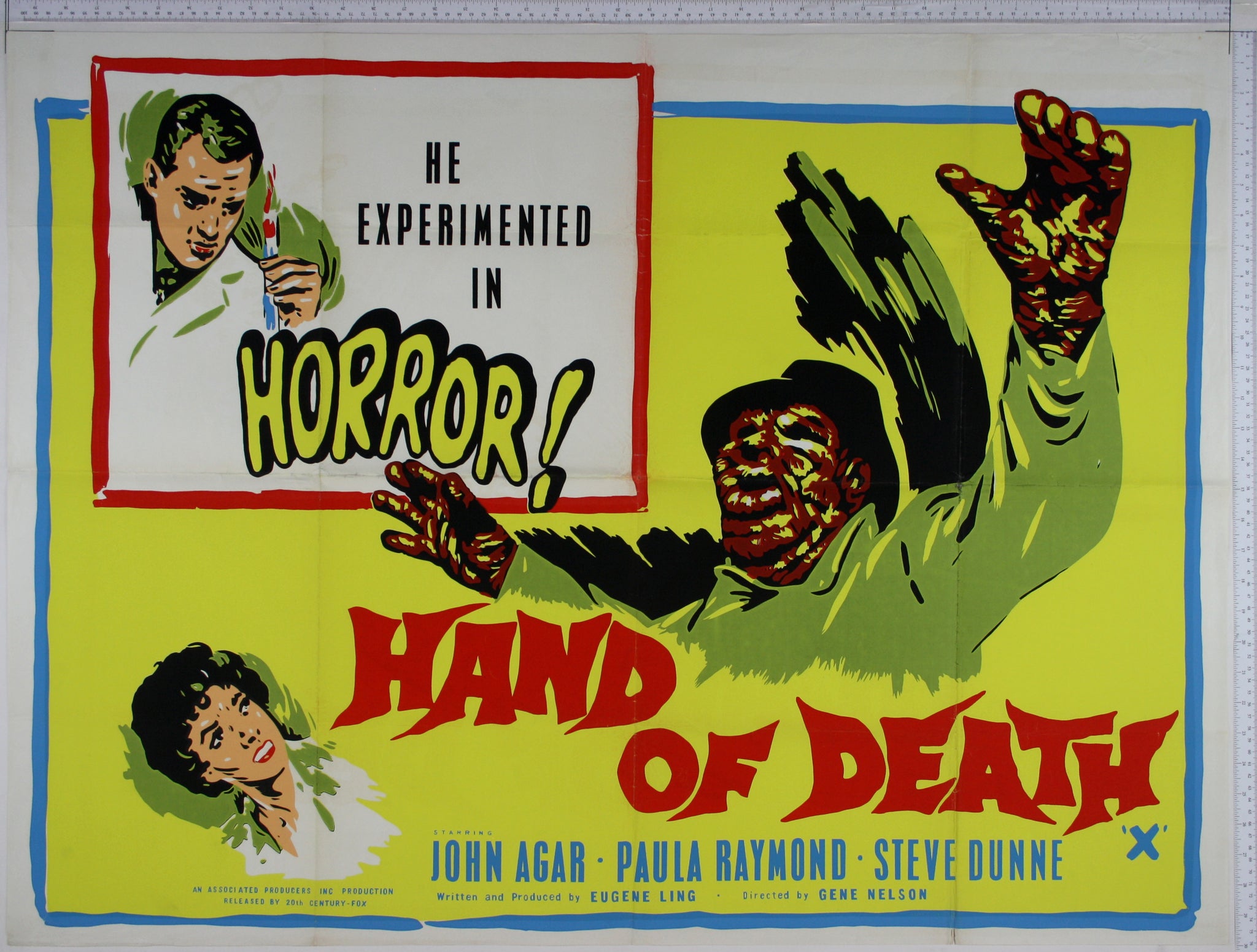 Screenprint artwork on yellow, with affected monster man at right, recoiling woman and scientist to left.