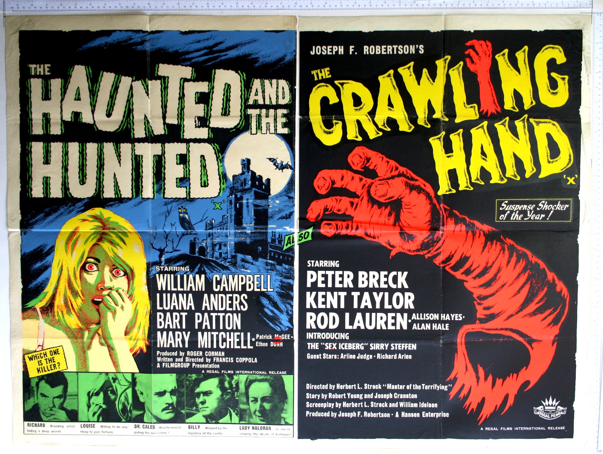 Green, yellow and red lithograph of frightened woman, castle at rear, green cast photos. On right, Red severed arm on black.