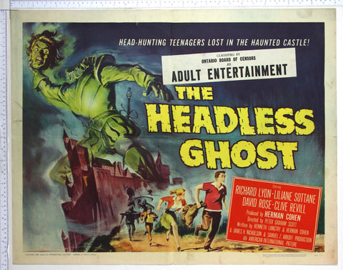 Huge headless green ghost stands astride castle, with terrified teens and policemen running from it. Title in yellow.