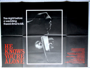 On black, terrified eyes with hand and knife in foreground. Red title and text, tagline to left.