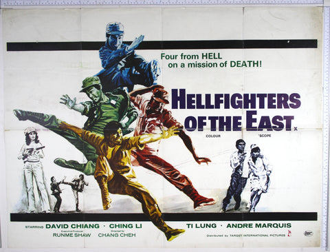 four kung fu poses of hero - all in different colours. Surrounding, girl with machine gun, fight scene and nurse hostage.